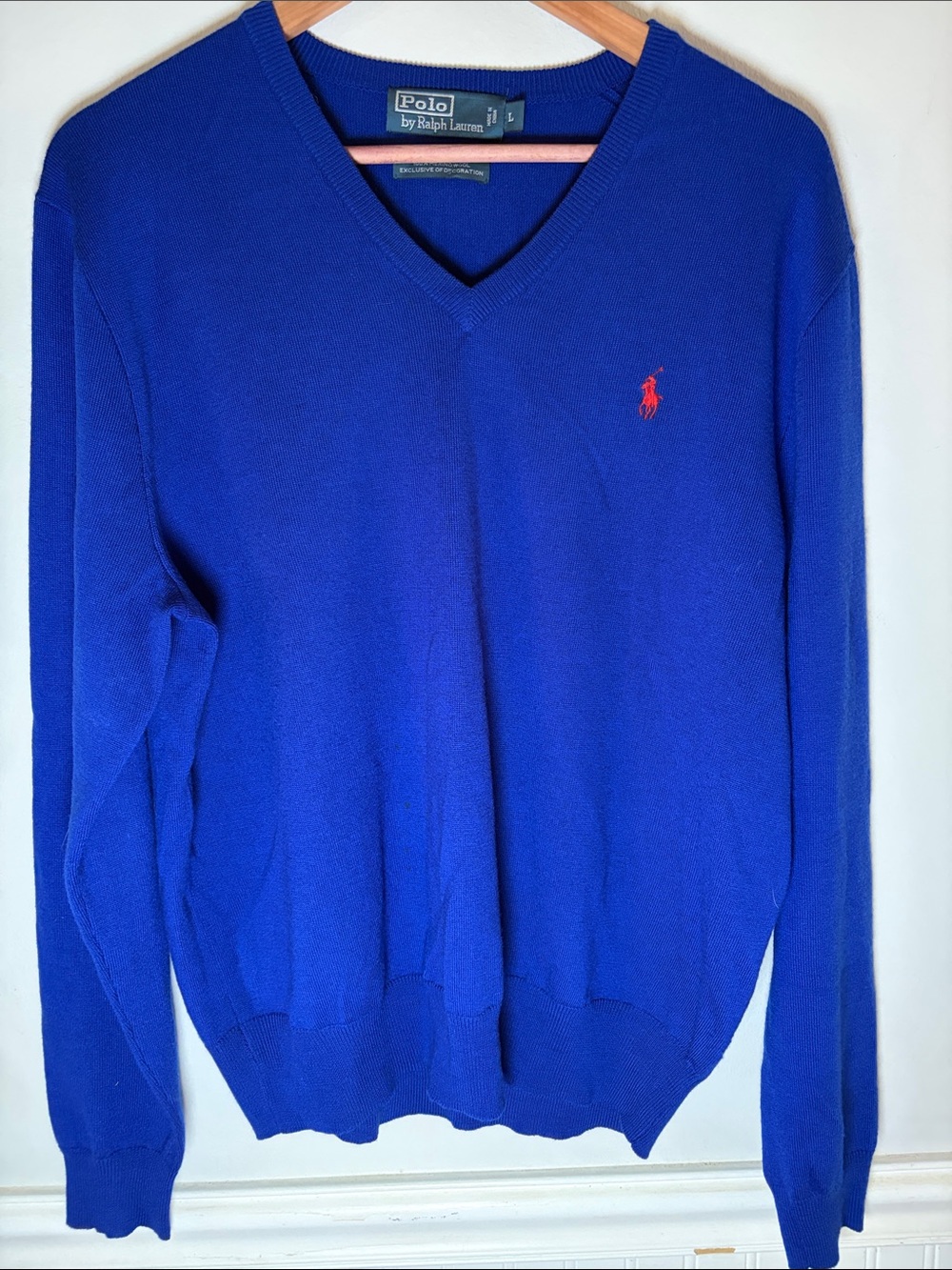 Polo by Ralph Lauren 100% Merino Wool V Neck Sweater in Cobalt Blue w/Red Pony